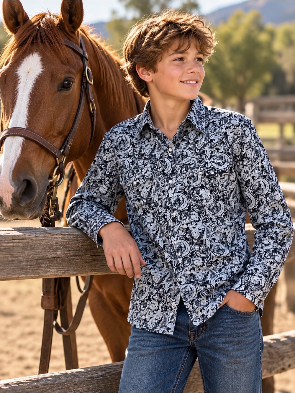 Cody James Paisley Pearl Snap Shirt for Boys — Black & White long sleeve
